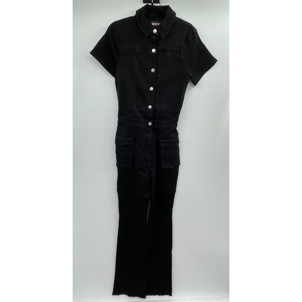 NWT Meiru Bootcut Denim Jumpsuit Women's 10/12 Black Short Sleeve Button Pockets